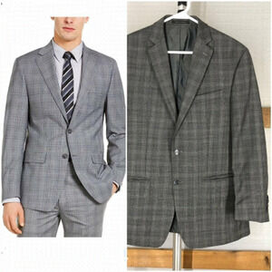 CALVIN KLEIN 100% Virgin Wool Grey Windowpane‎ Plaid Blazer Sz 40R